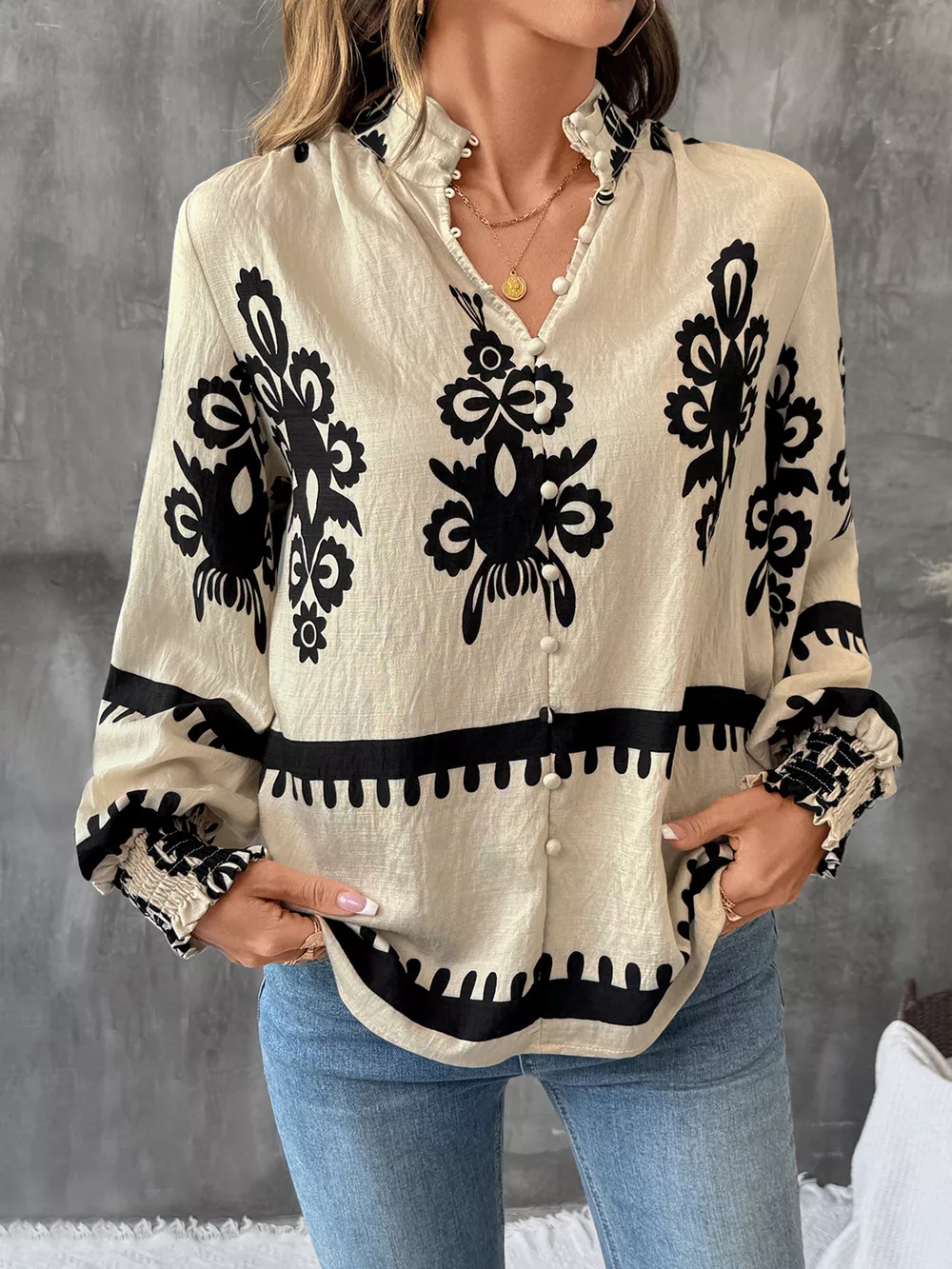 Printed Notched Lantern Sleeve Blouse