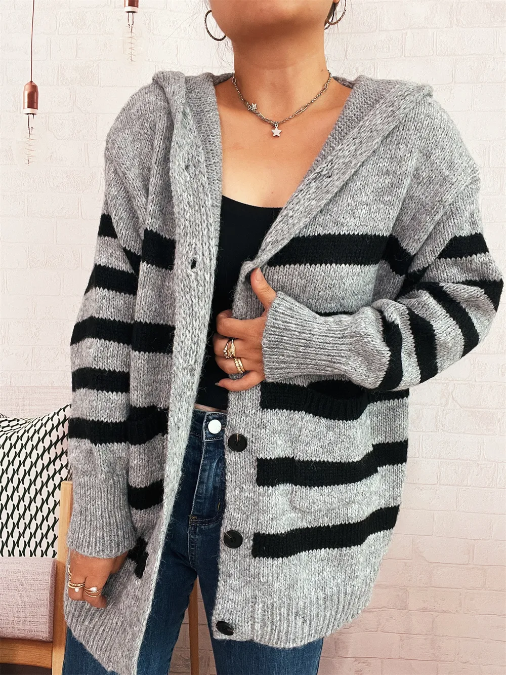 Striped Button-Up Hooded Cardigan, image 20