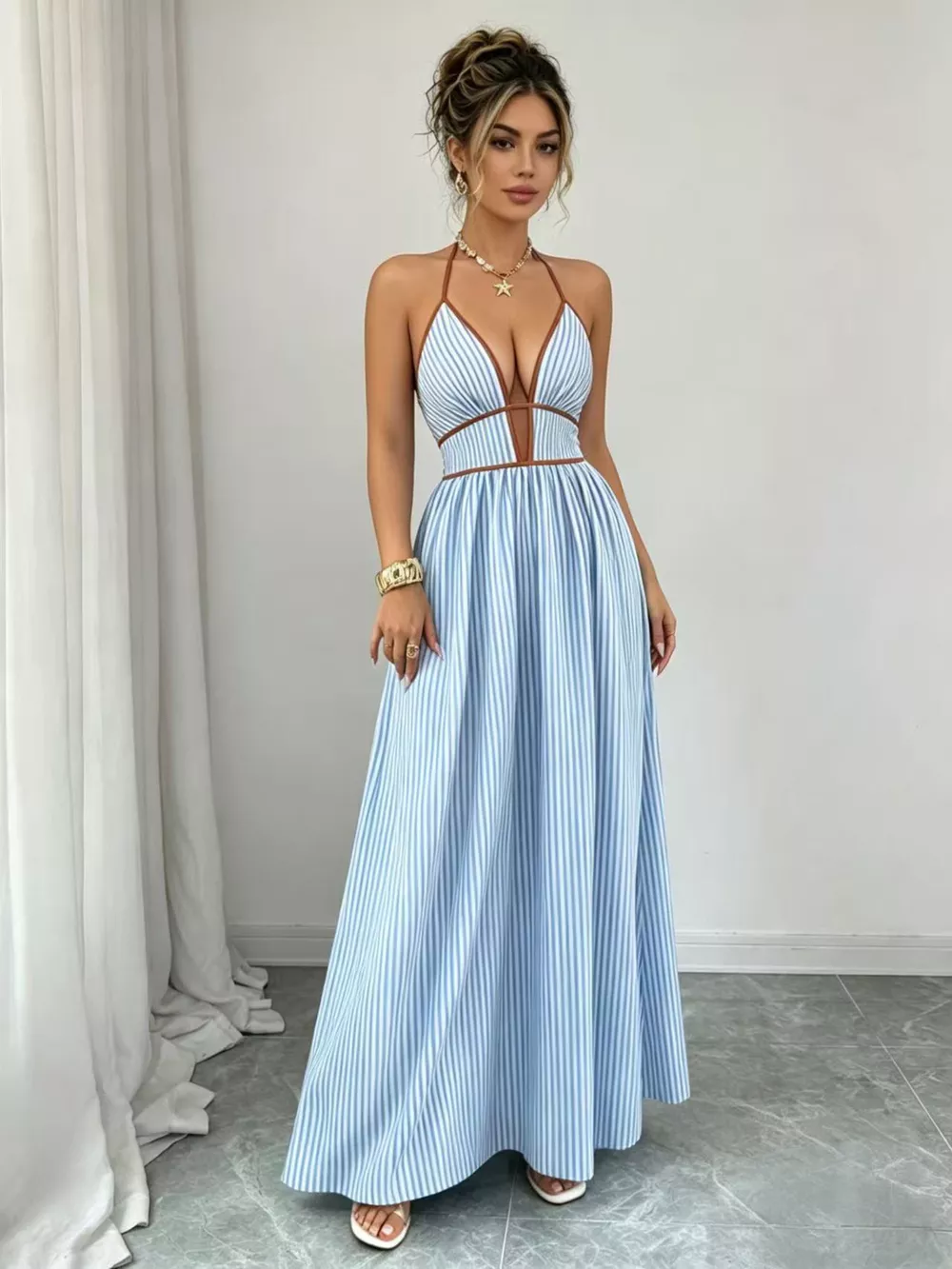 Striped Halter Neck Maxi Dress, image 4