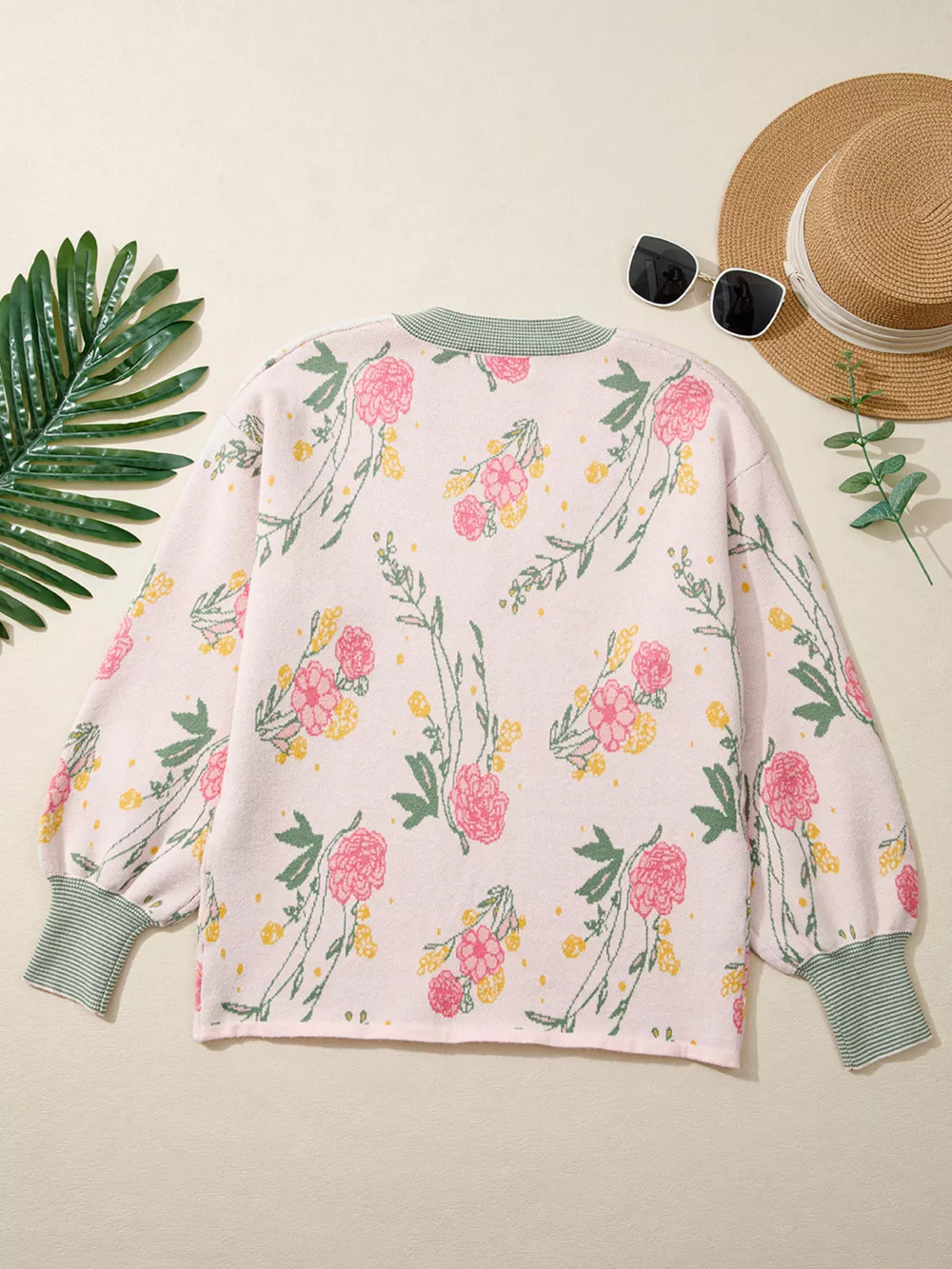 Floral Pattern Striped V Neck Loose Sweater, image 5