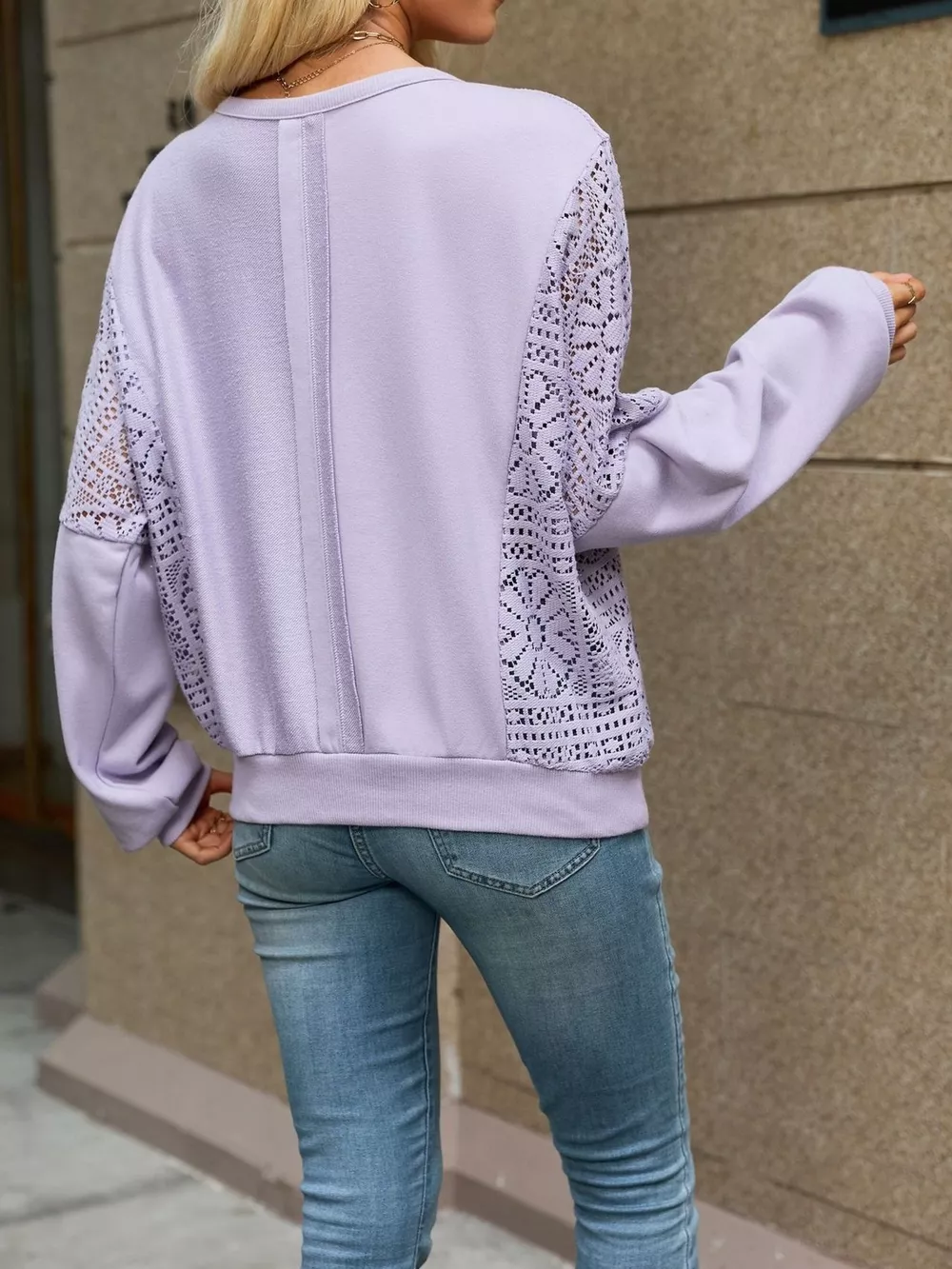Lace Sleeve Crew Neck Sweatshirt, image 6