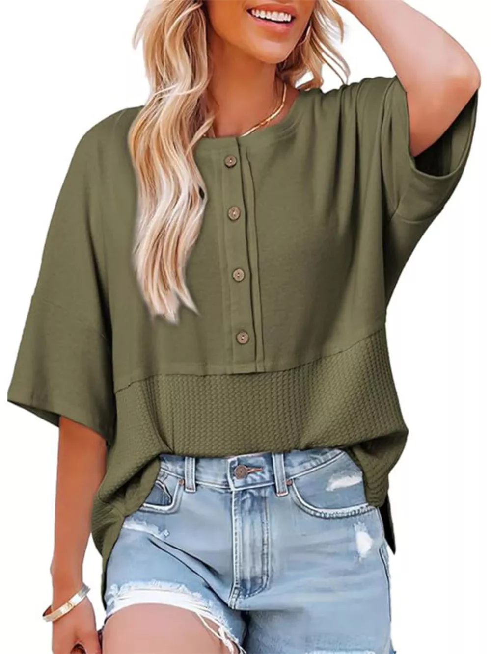 Button Detail Texture Knit T-Shirt, image 13