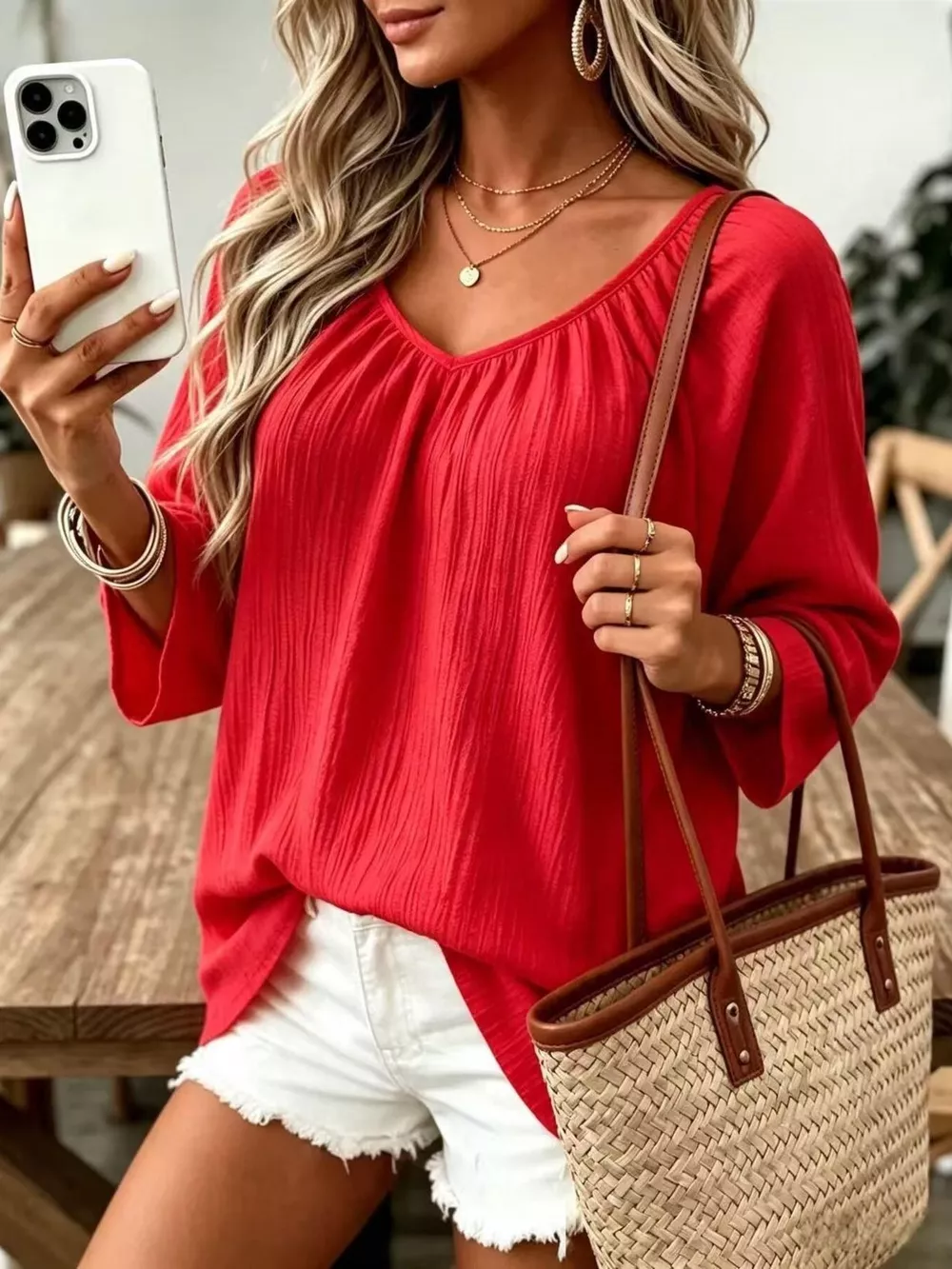 Full Size Textured V-Neck Casual T-Shirt Plus Size, image 19