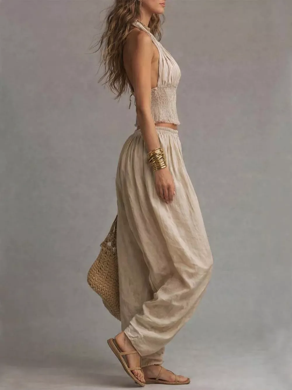 Full Size Halter Neck Top and Wide-Leg Harem Pants Two-Piece Set Plus Size, image 3