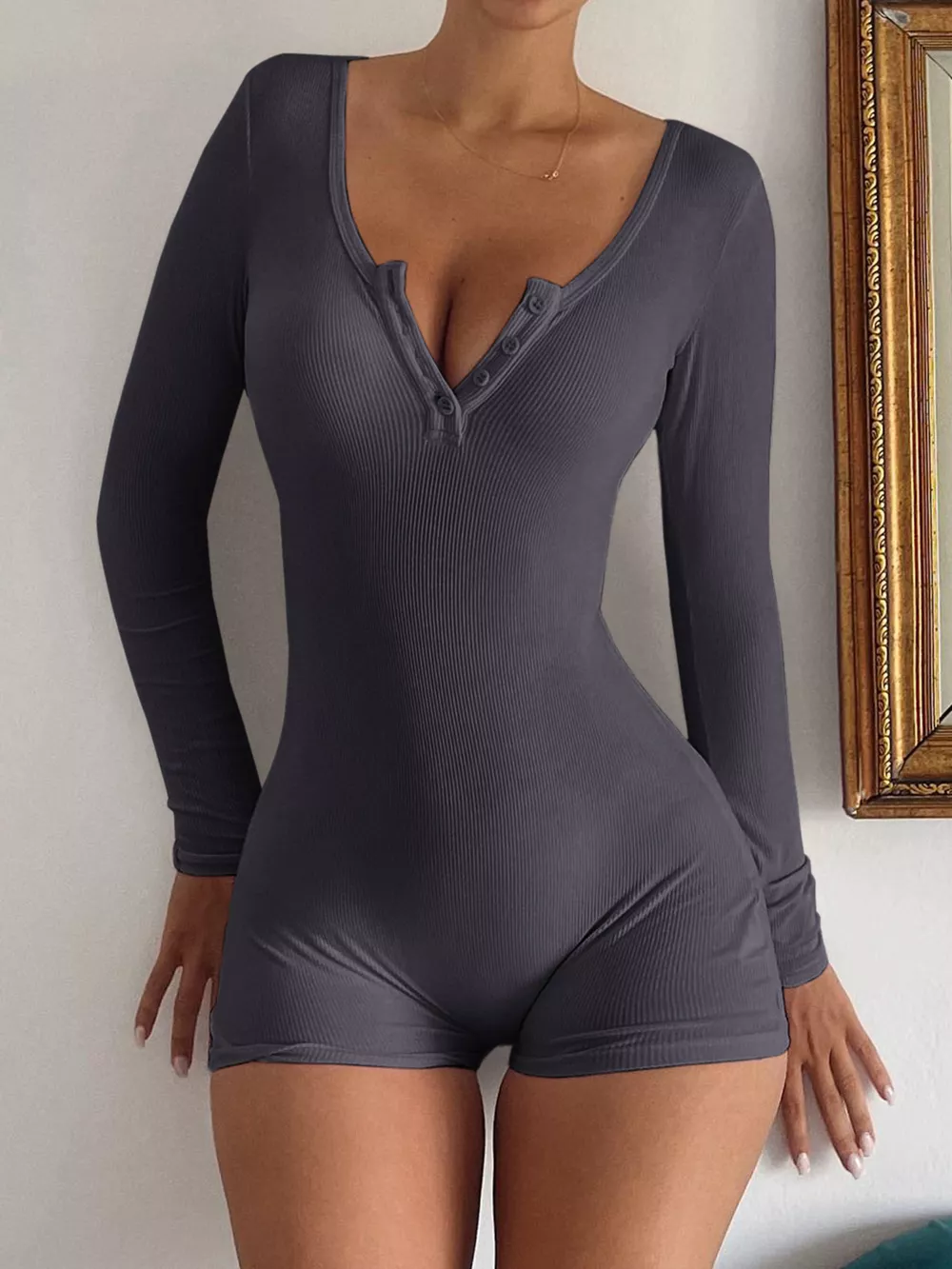 Ribbed Knit Long Sleeve Romper, image 3