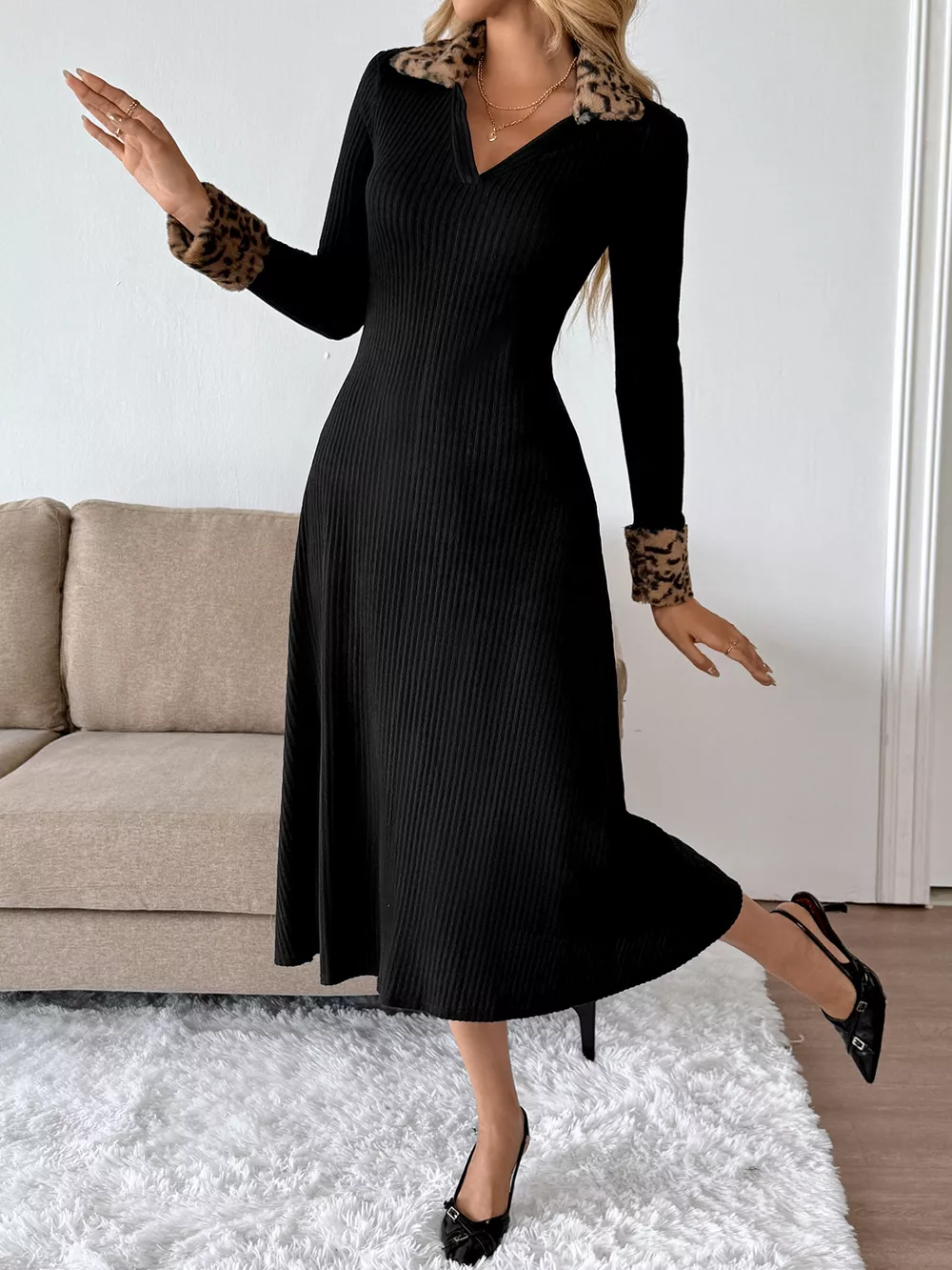 Leopard Cuff Johnny Collar Midi Dress, image 5