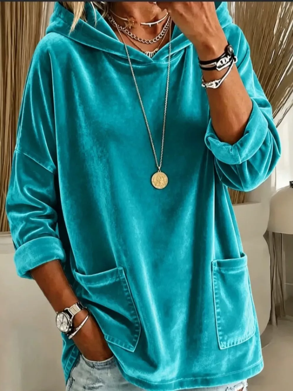 Velvet Front Pockets Hoodie, image 7