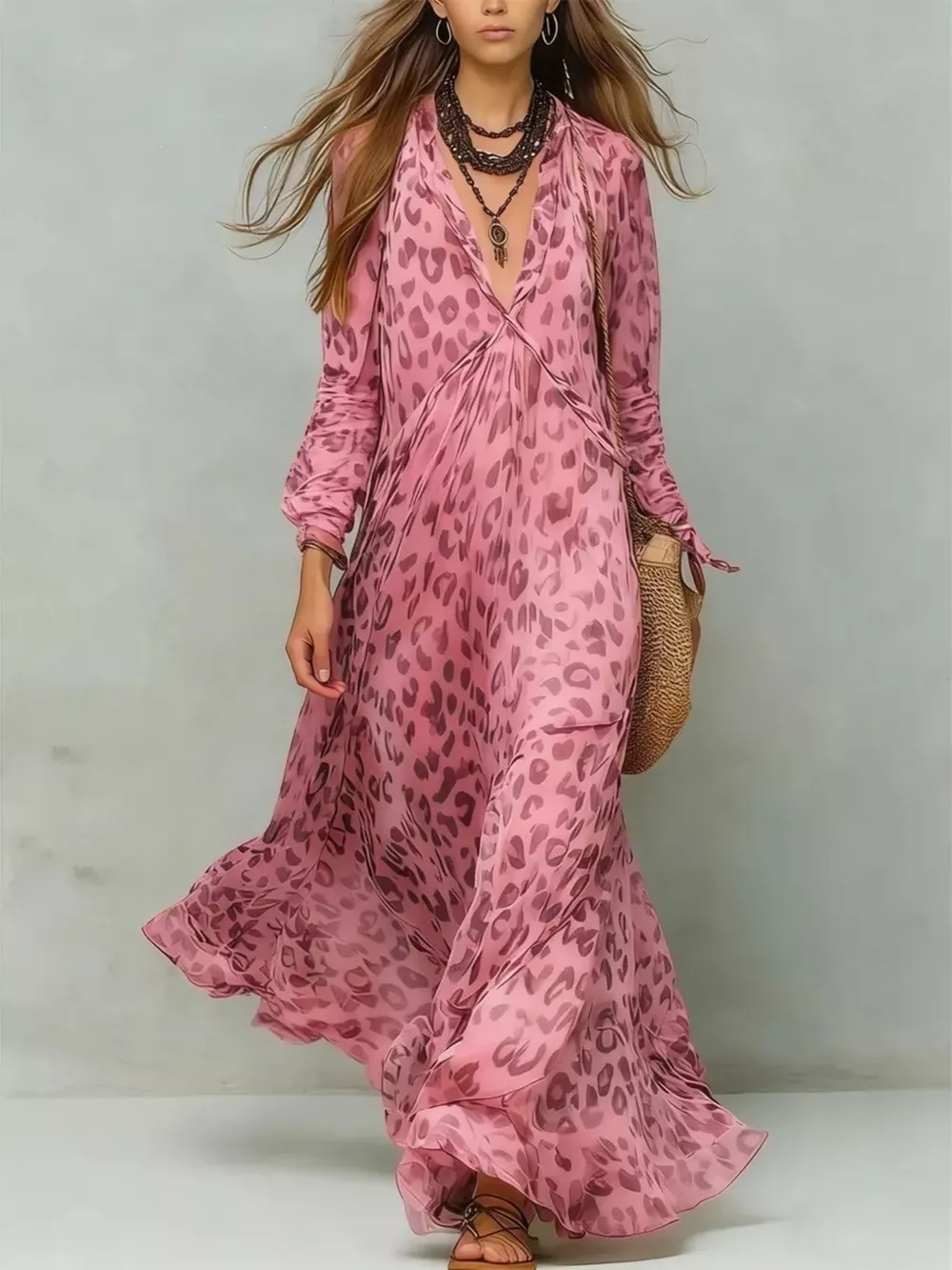 Full Size Leopard Print V-Neck Maxi Dress Plus Size, image 3