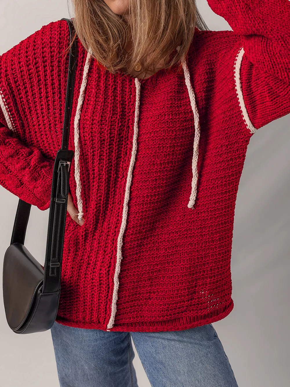 Contrast Trim Textured Knit Drawstring Hooded Sweater, image 5