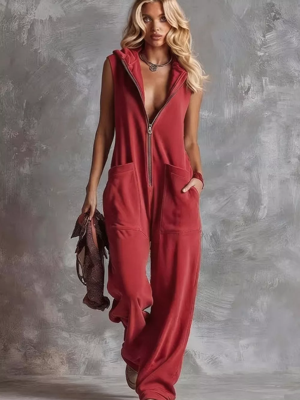 Sleeveless Hooded Zip-Front Casual Jumpsuit