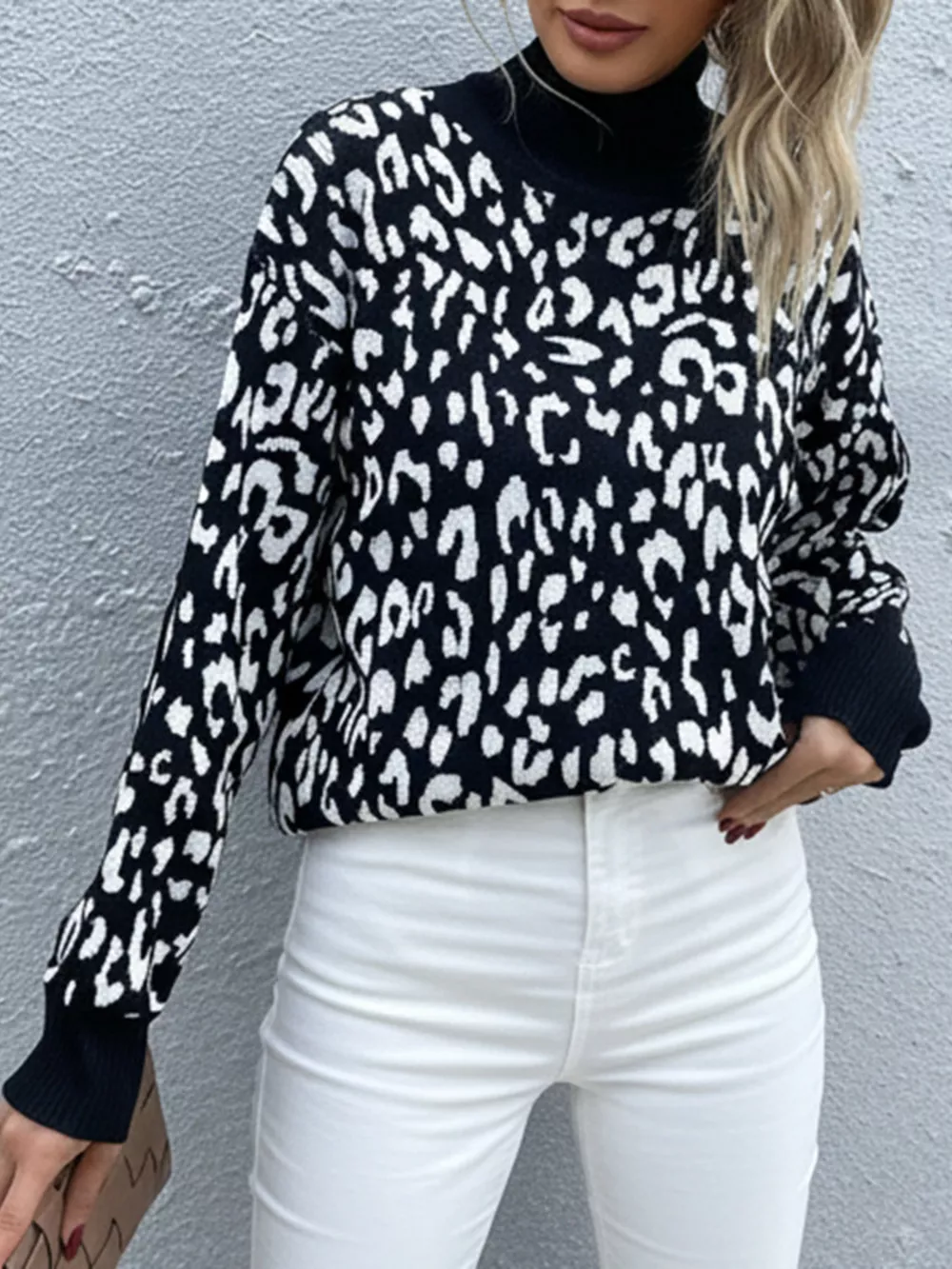 Leopard High Neck Pullover Sweater, image 2