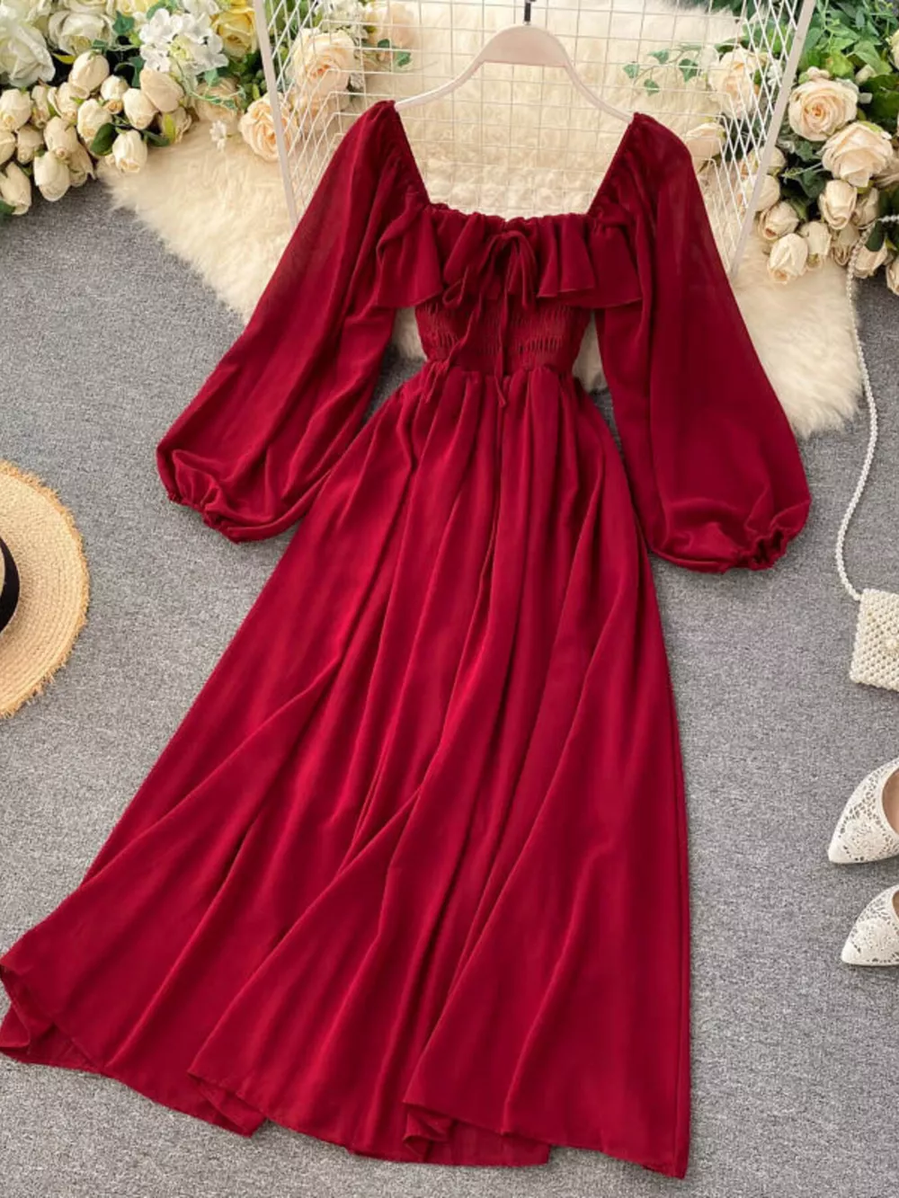 Ruffle Square Neck Balloon Sleeve A-Line Dress, image 24