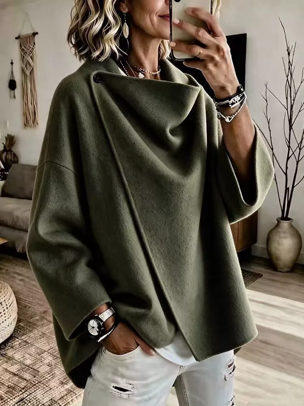 Full Size Asymmetric Button-Up Cape Outerwear Plus Size, image 17