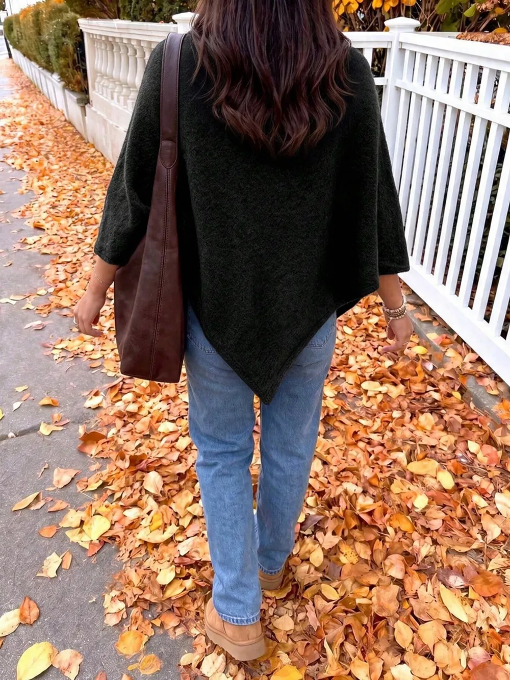 Brushed Loose Shawl Round-Neck Cape Sweater with Bat Sleeves, image 11