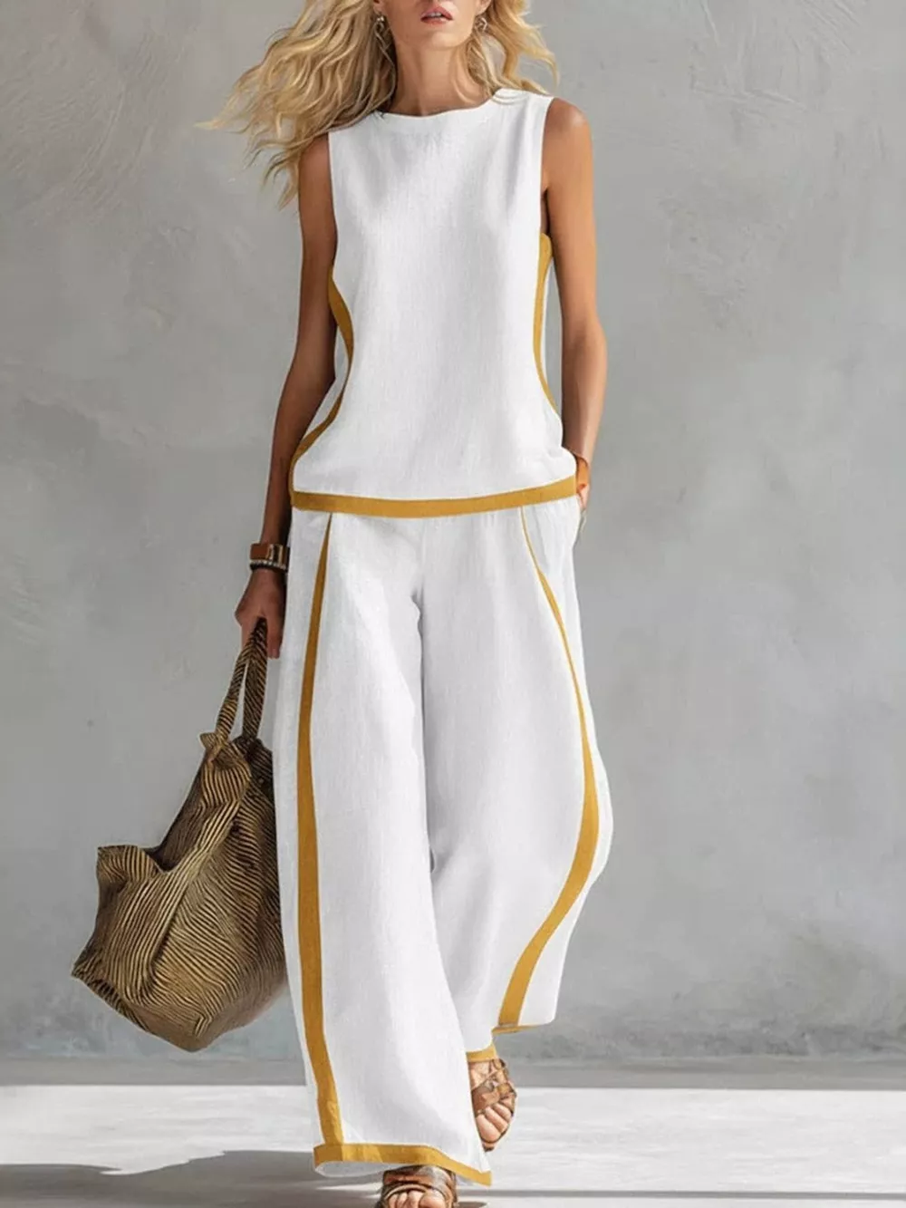 Full Size Contrast Stripe Sleeveless Top & Wide-Leg Pants Set Plus Size, image 4