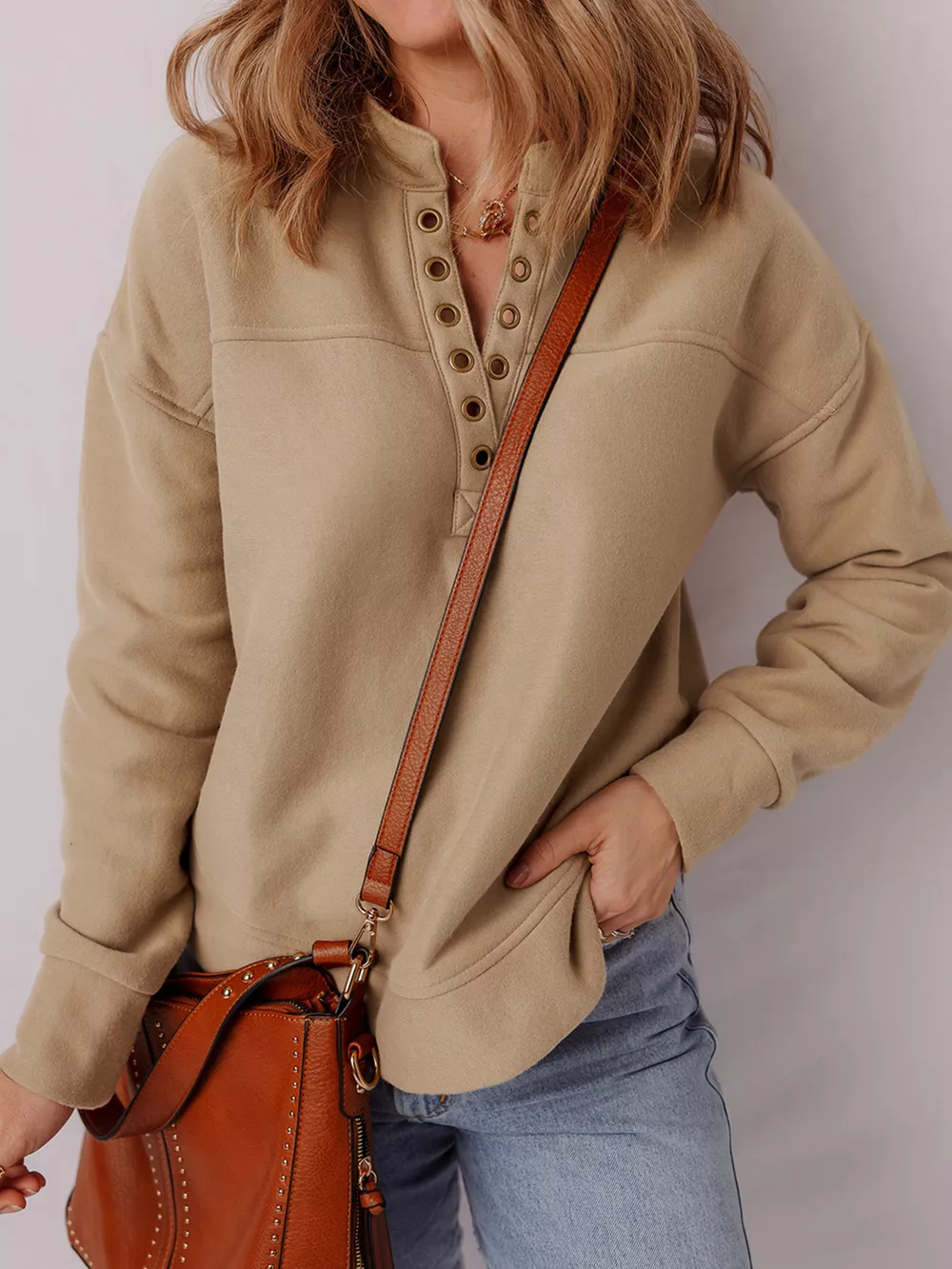 Grommet Detail V Neck Sweatshirt, image 3