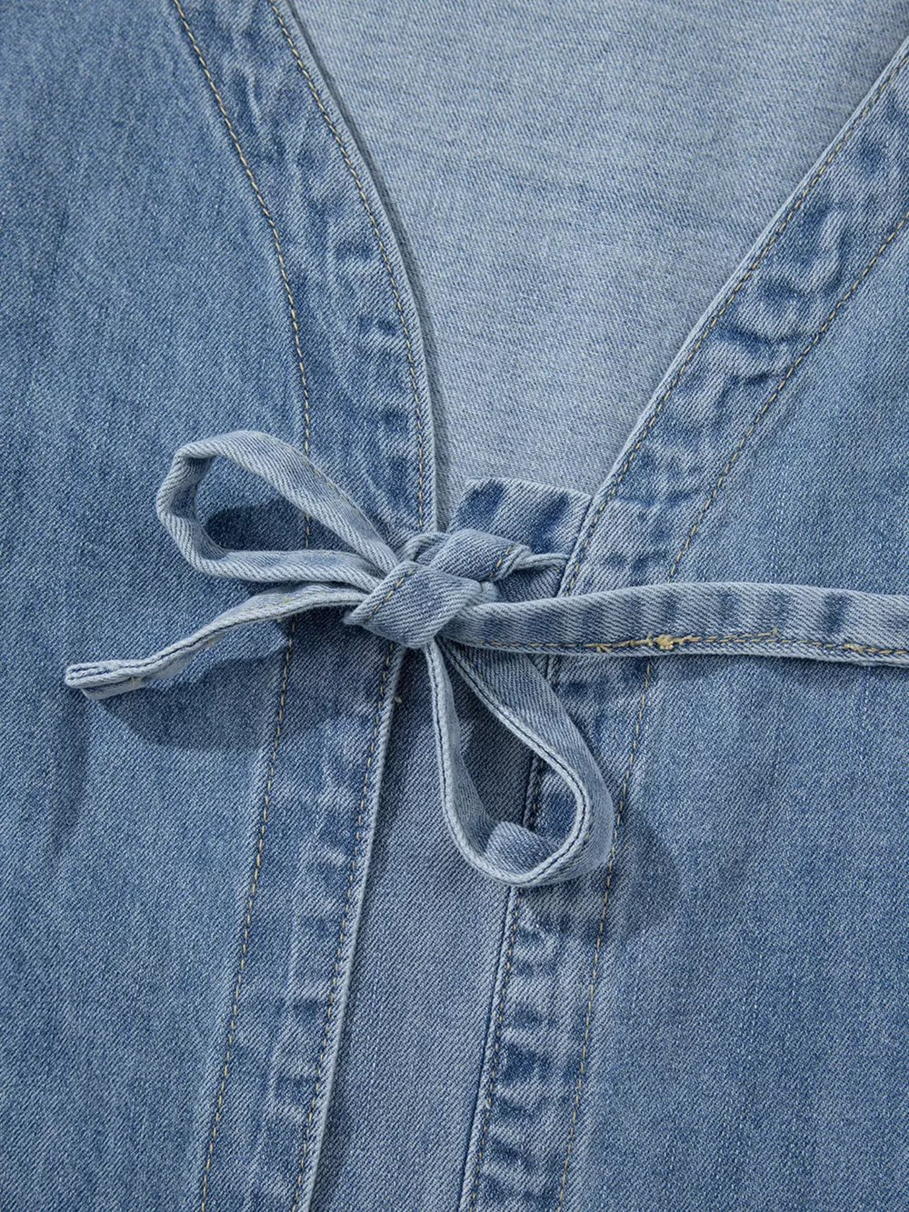 Tied Front Puff Sleeve Denim Top, image 6