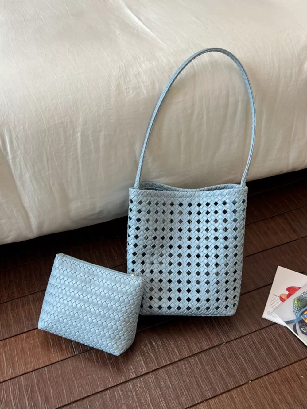 Woven Leather Handbag with Matching Pouch, image 2