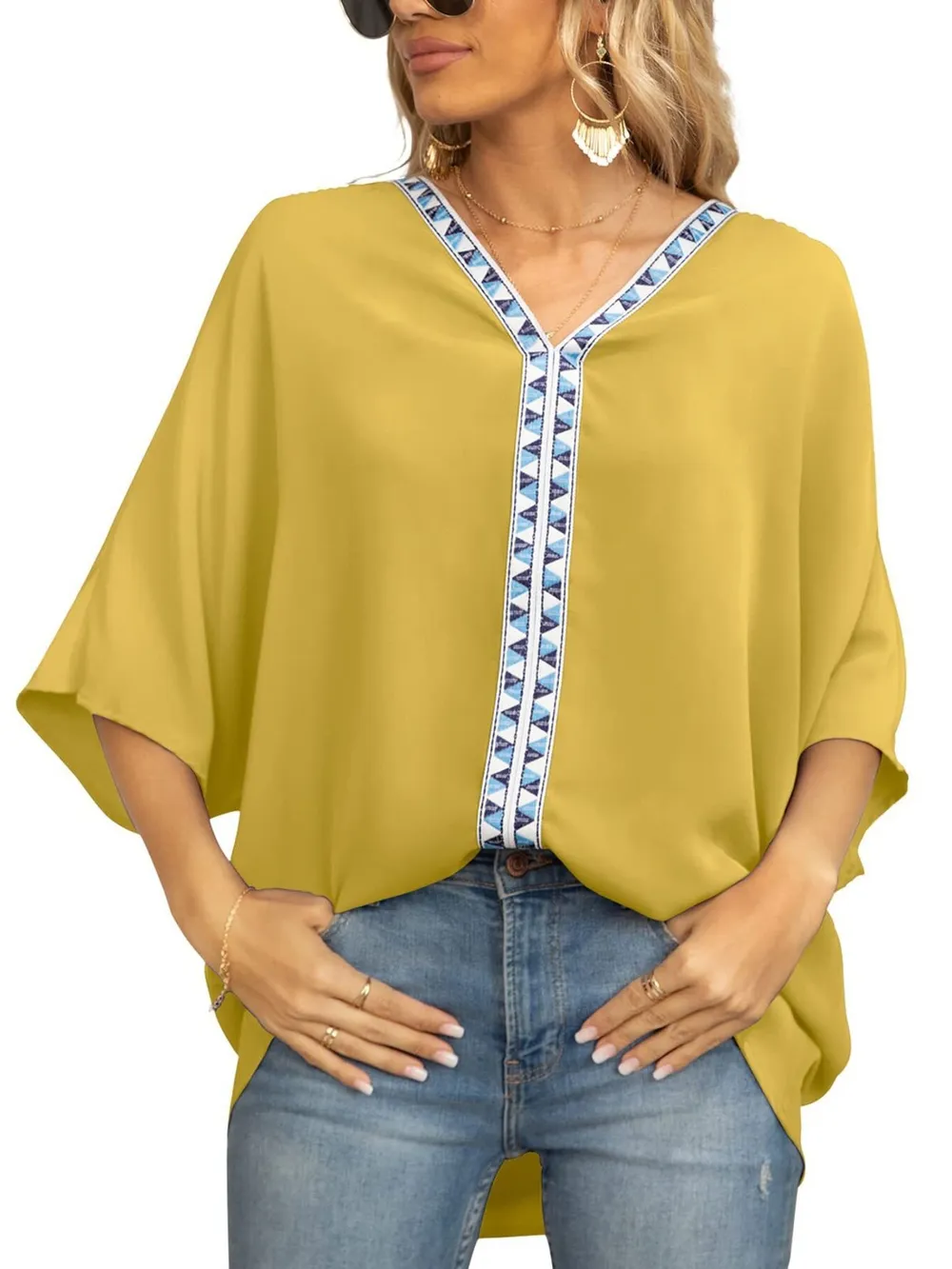 Oversized Contrast V-Neck Half Sleeve Blouse, image 10