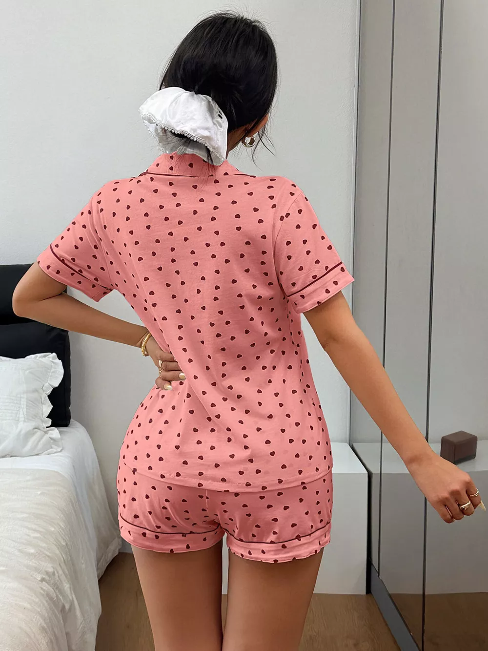 Heart Print Button-Down Short Sleeve Top and Shorts Lounge Set, image 7