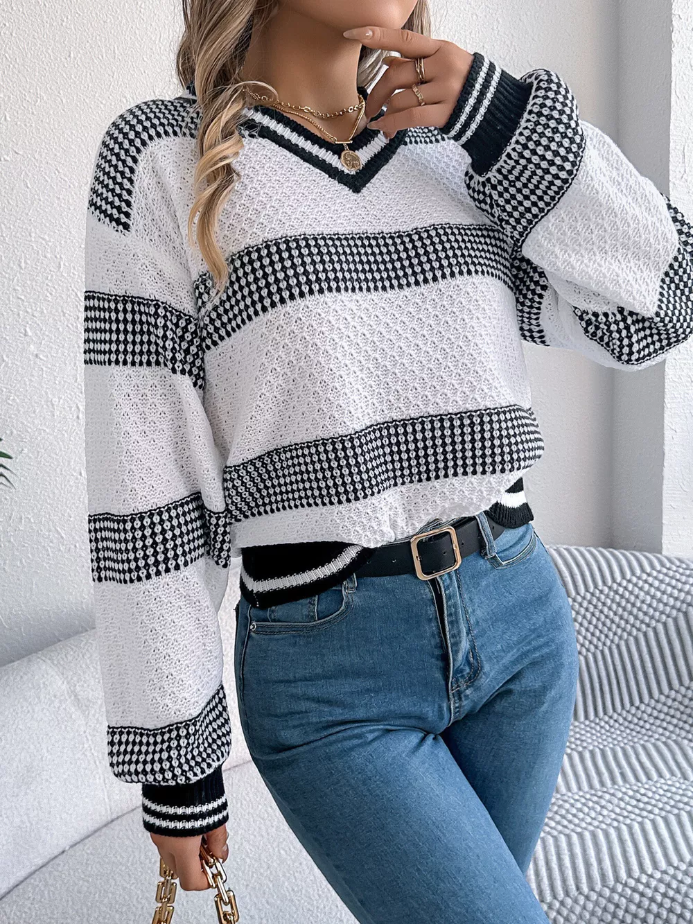 Contrast Striped V-Neck Sweater, image 6