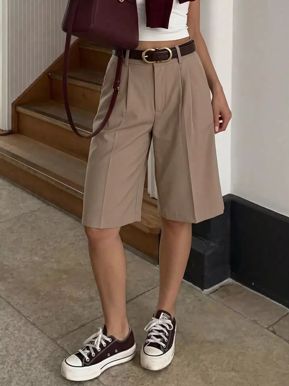 High-Waisted Pleated Detail Shorts, image 3