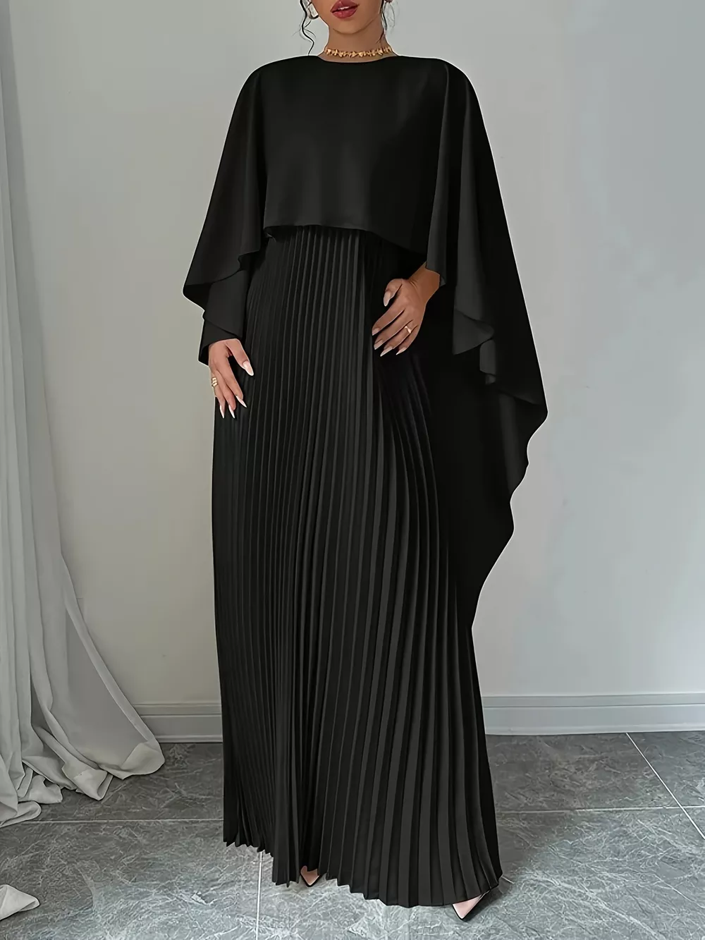 Cape Pleated Maxi Dress