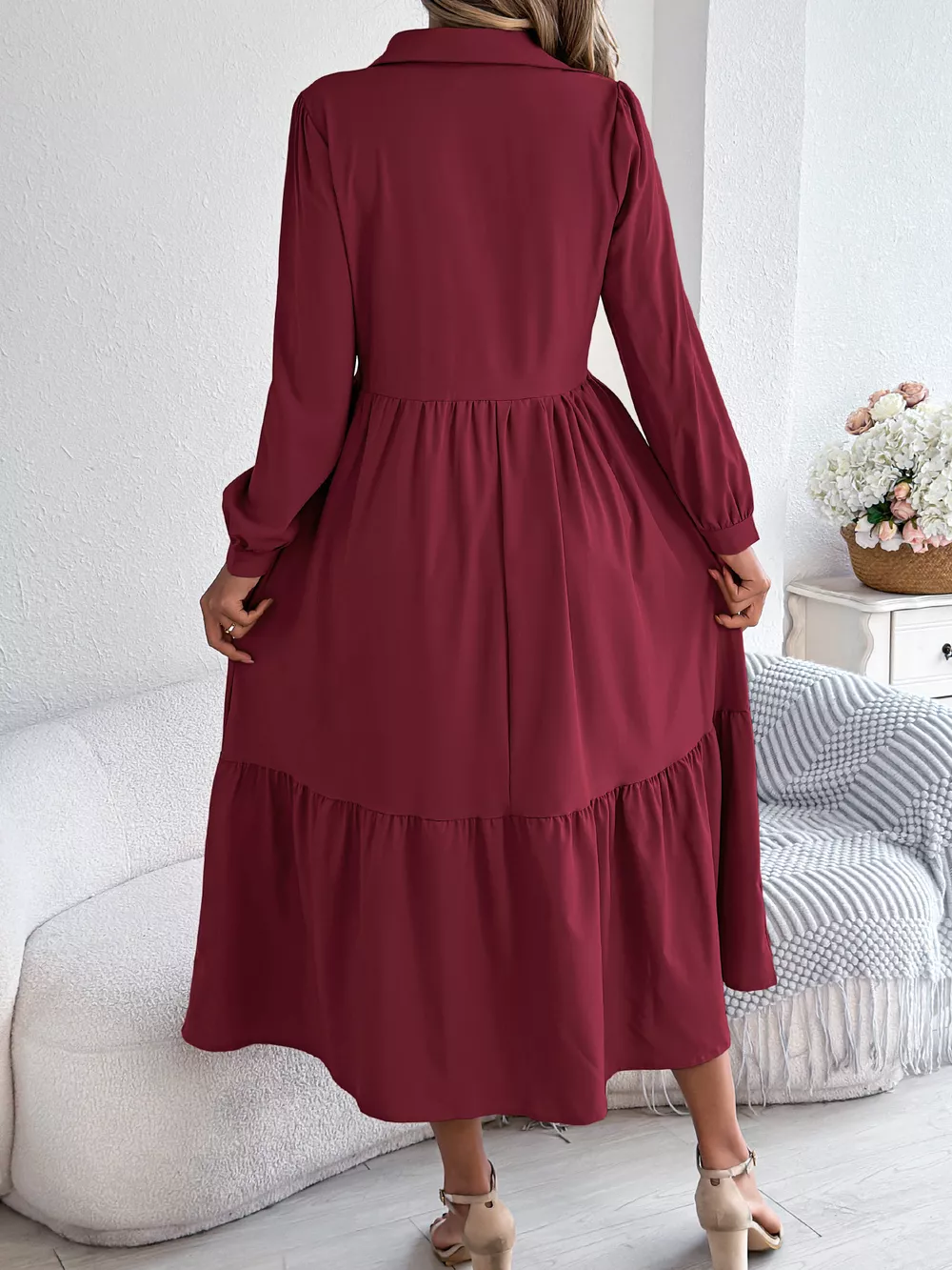 Long Sleeve Tiered Button Front Midi Dress, image 16