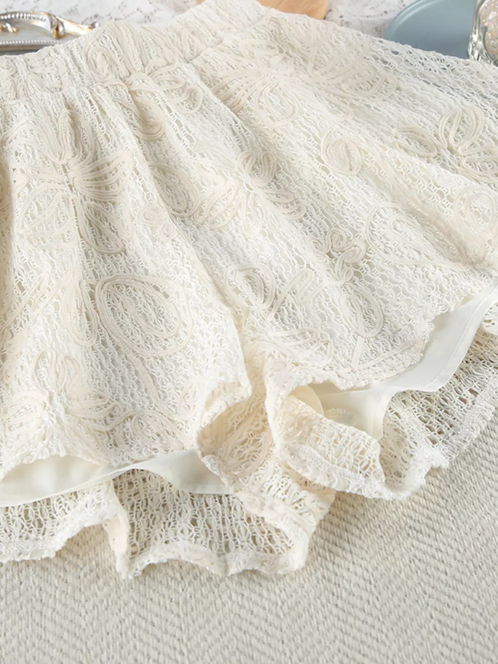 Lace Crochet Tie Front Top and Shorts Two-Piece Lounge Set, image 13