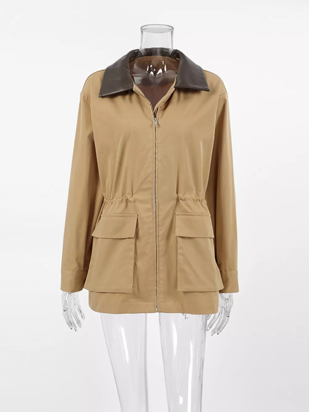 Oversized Contrast Collar Jacket with Drawstring Waist, image 9
