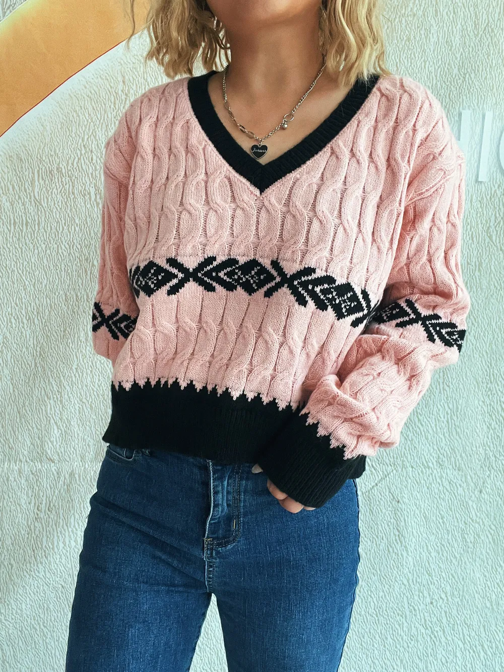 Cable Knit V-Neck Sweater, image 9