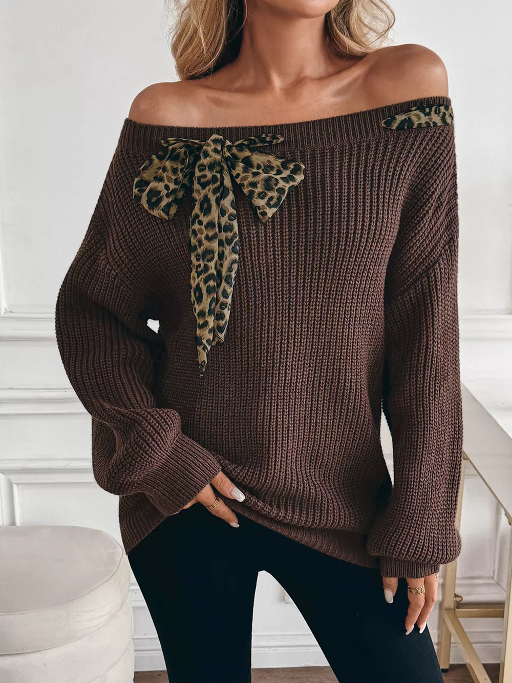 Leopard Bow Dropped Shoulder Sweater, image 6