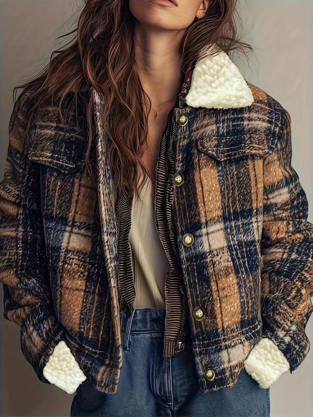Sherpa-Lined Plaid Button-Down Outerwear
