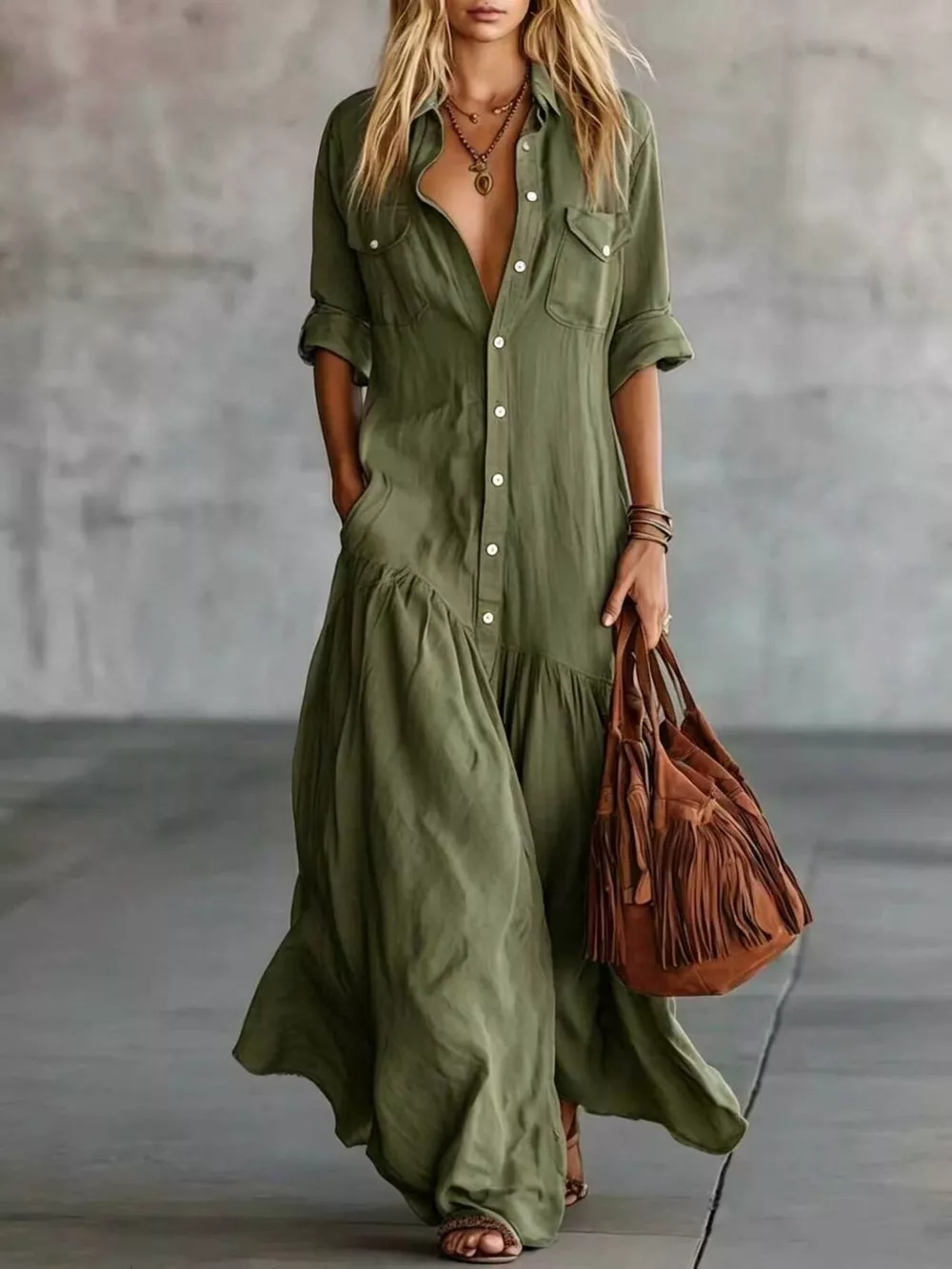 Full Size Button Front Roll-Up Sleeve Maxi Dress Plus Size, image 6
