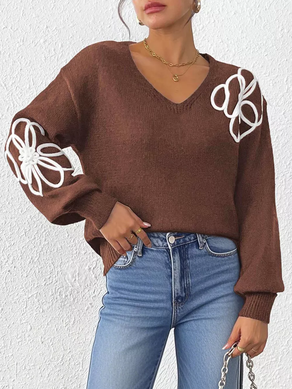 Flower V-Neck Dropped Shoulder Sweater, image 10
