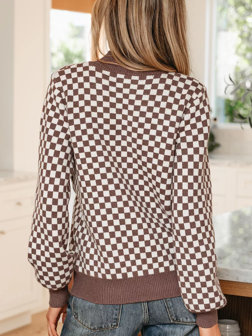 Half Button Ribbed Trim Checkerboard Knit Sweater, image 2