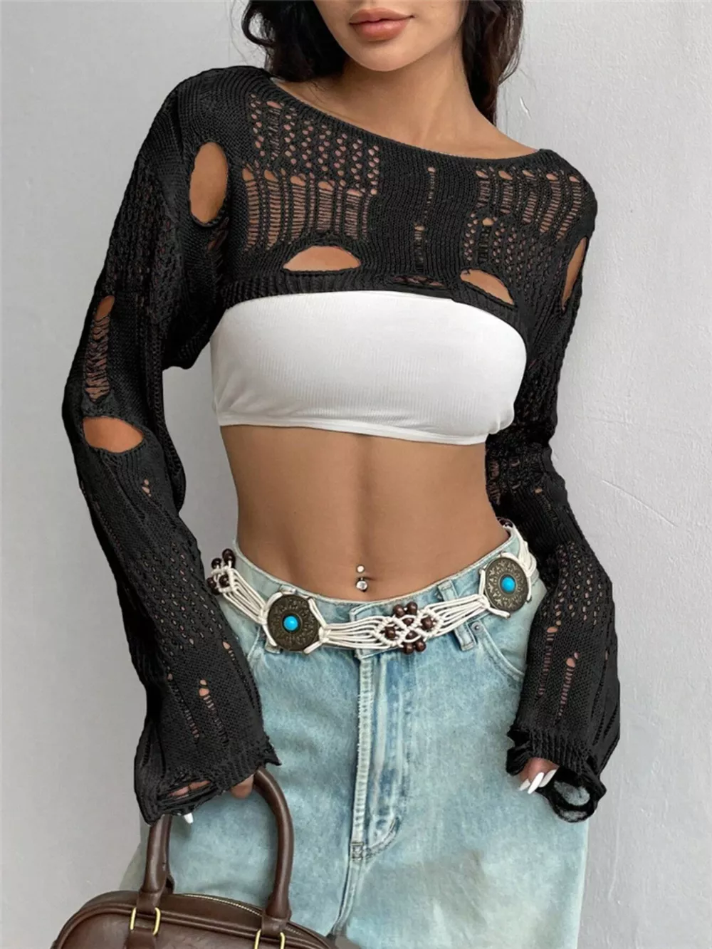 Distressed Cropped Knit Cover Up, image 2