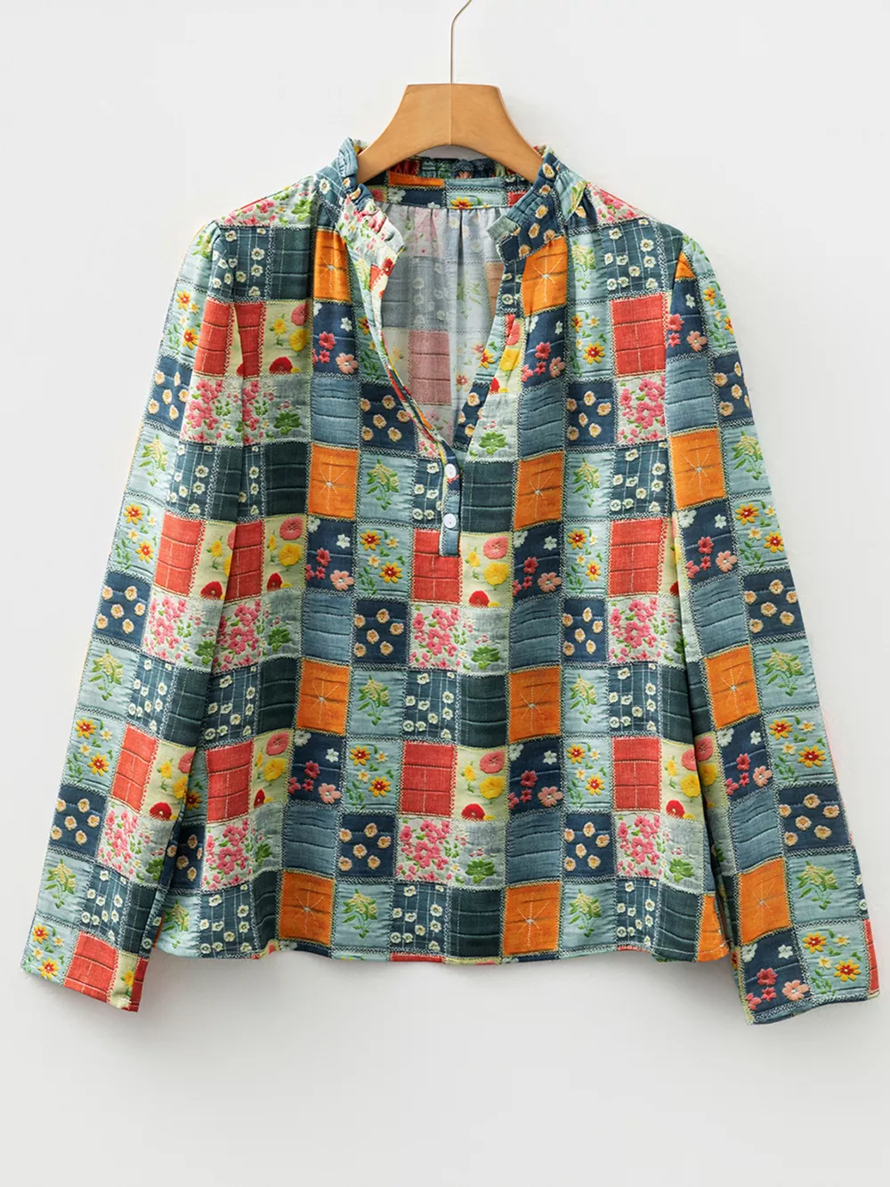 Floral Half Placket Notched Blouse, image 4