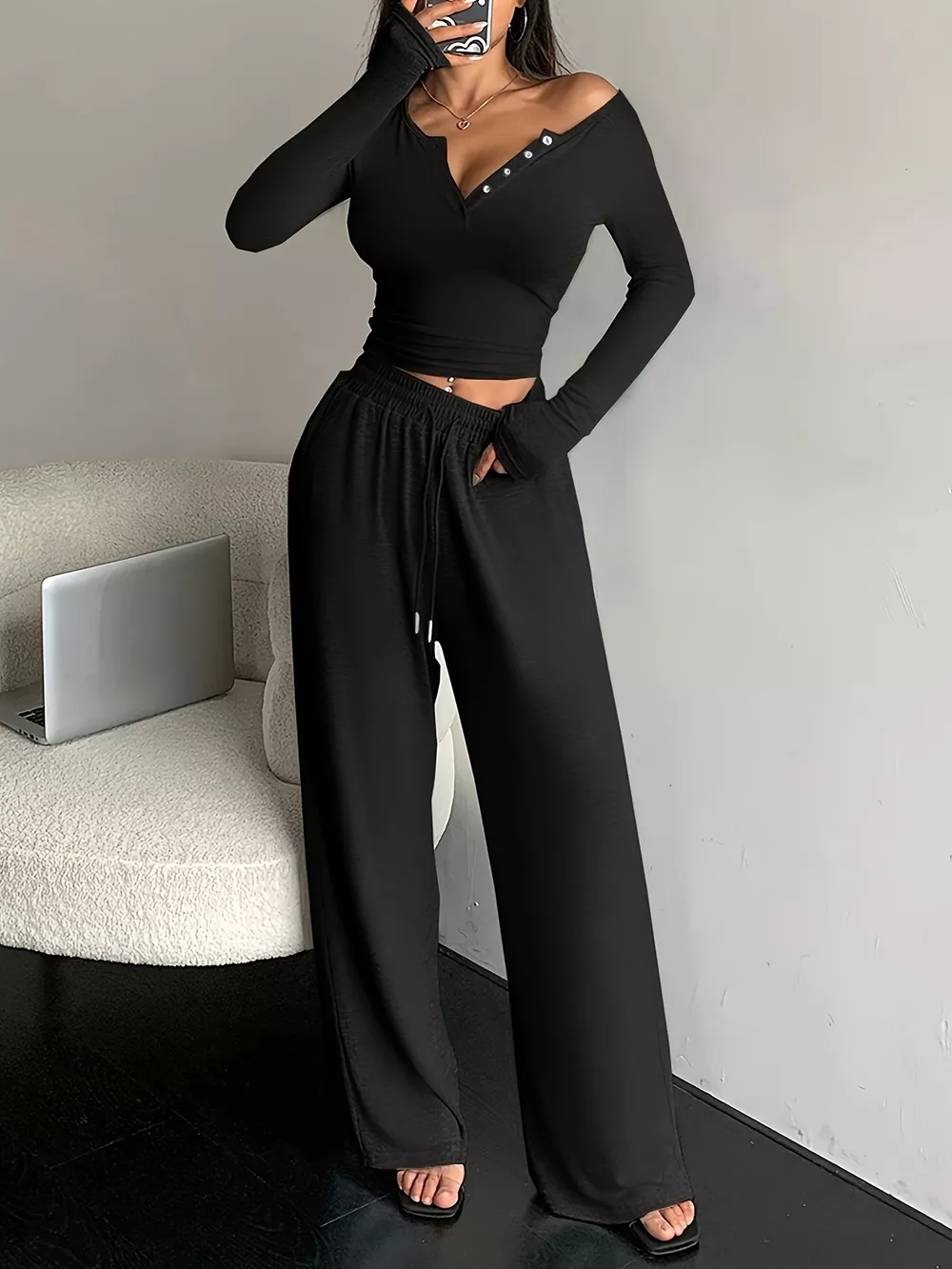 Button Detail Long Sleeve Top and Wide-Leg Pants Set, image 2