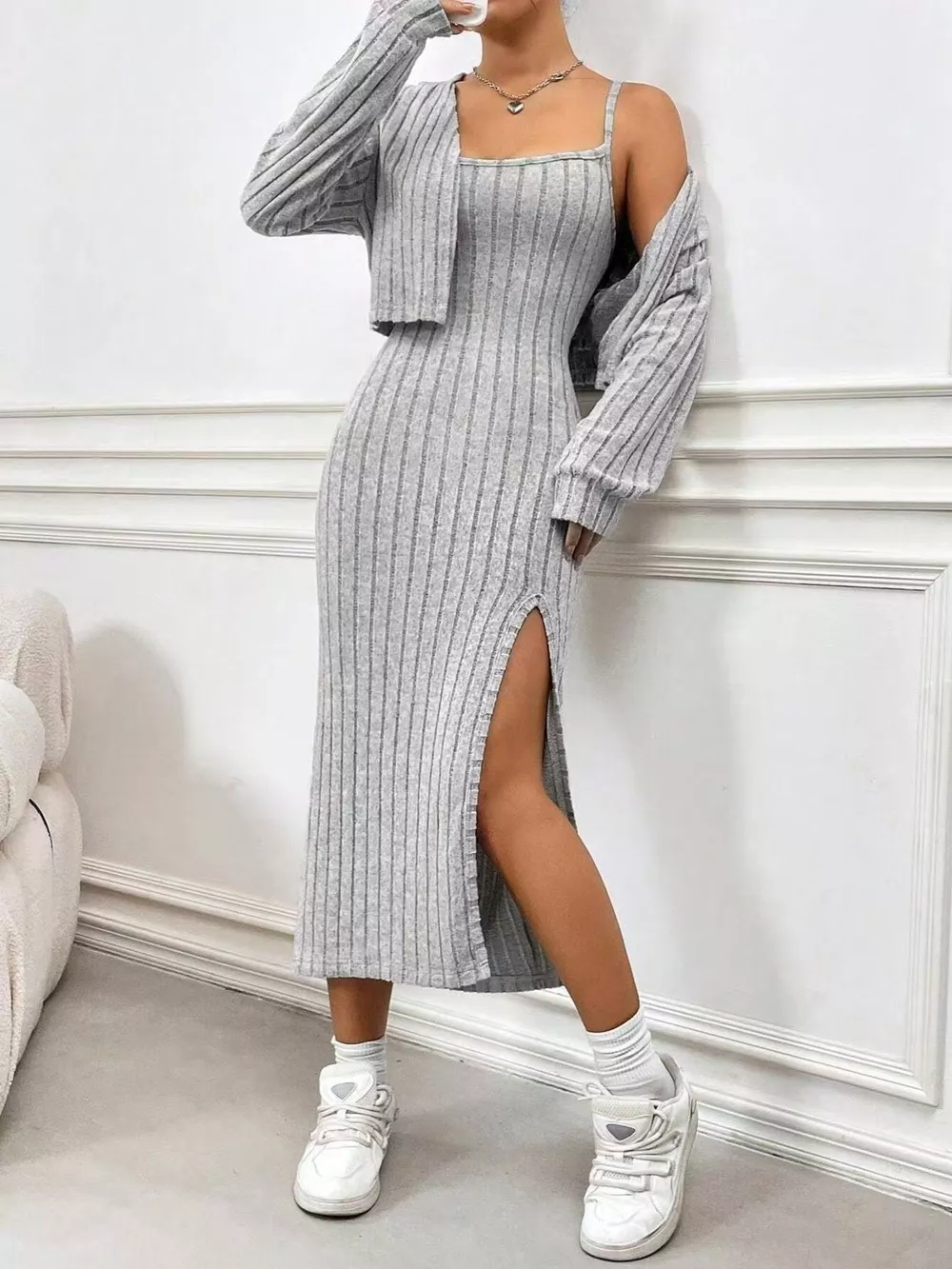 Ribbed Knit Cami Dress & Cardigan Set, image 7