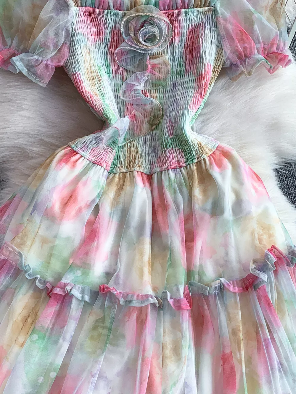 Smocked Floral Tiered Mesh Midi Dress, image 23