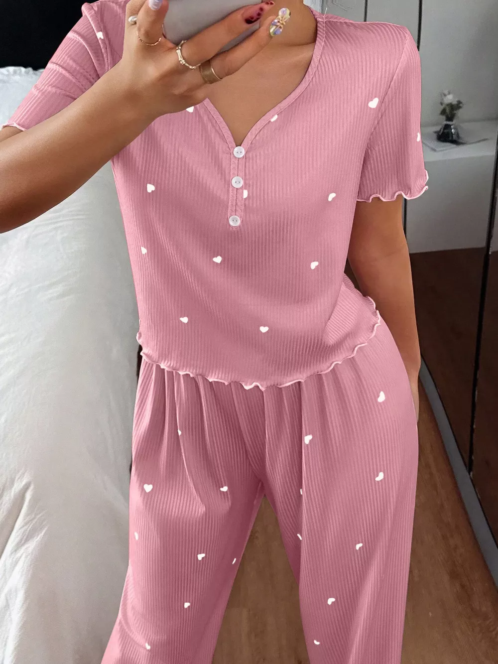 Heart Print Lettuce Trim Top and Pants Loungewear Set, image 4