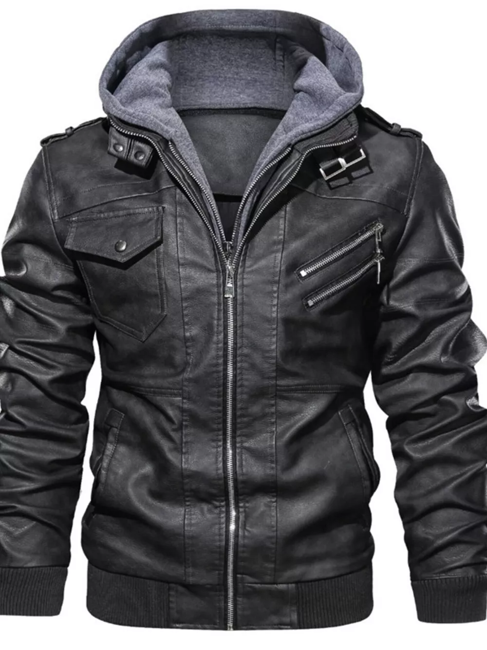 Men's Full Size Hooded Faux Leather Moto Jacket Plus Size, image 2
