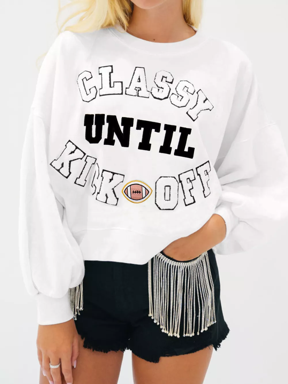 CLASSY UNTIL KICKOFF Plush Letter Patched Loose Sweatshirt