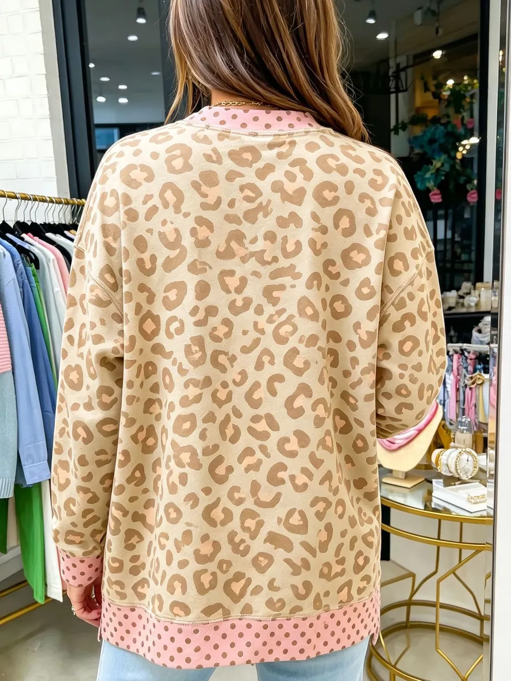 Side Slit Leopard Sweatshirt with Polka Dot Trim, image 3