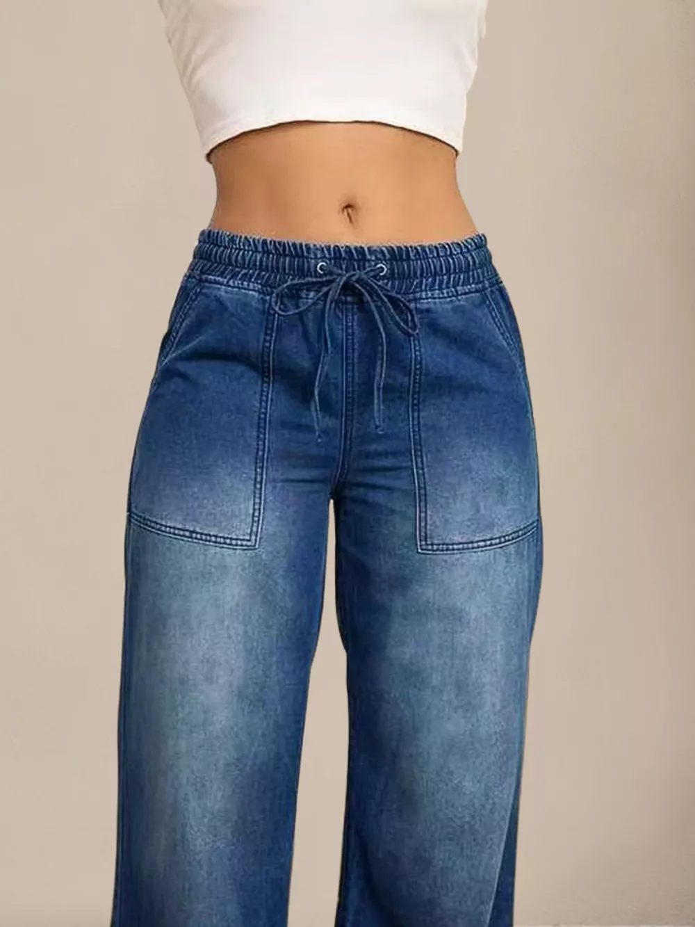 Drawstring Waist Wide Leg Jeans, image 2