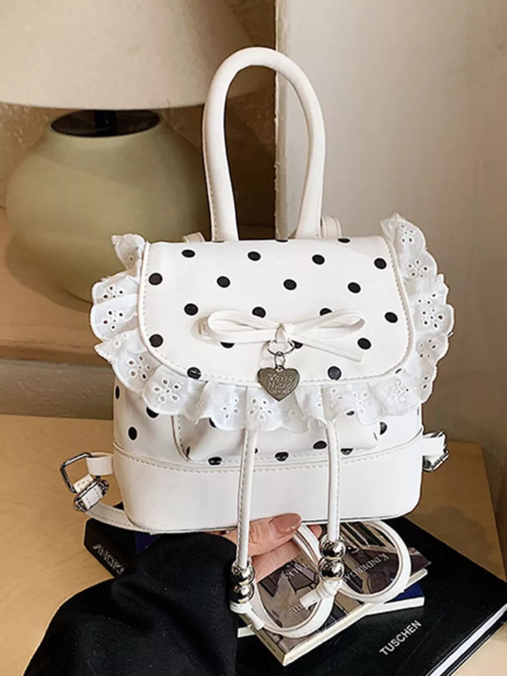 Polka Dot Lace Trim Backpack Bag, image 5