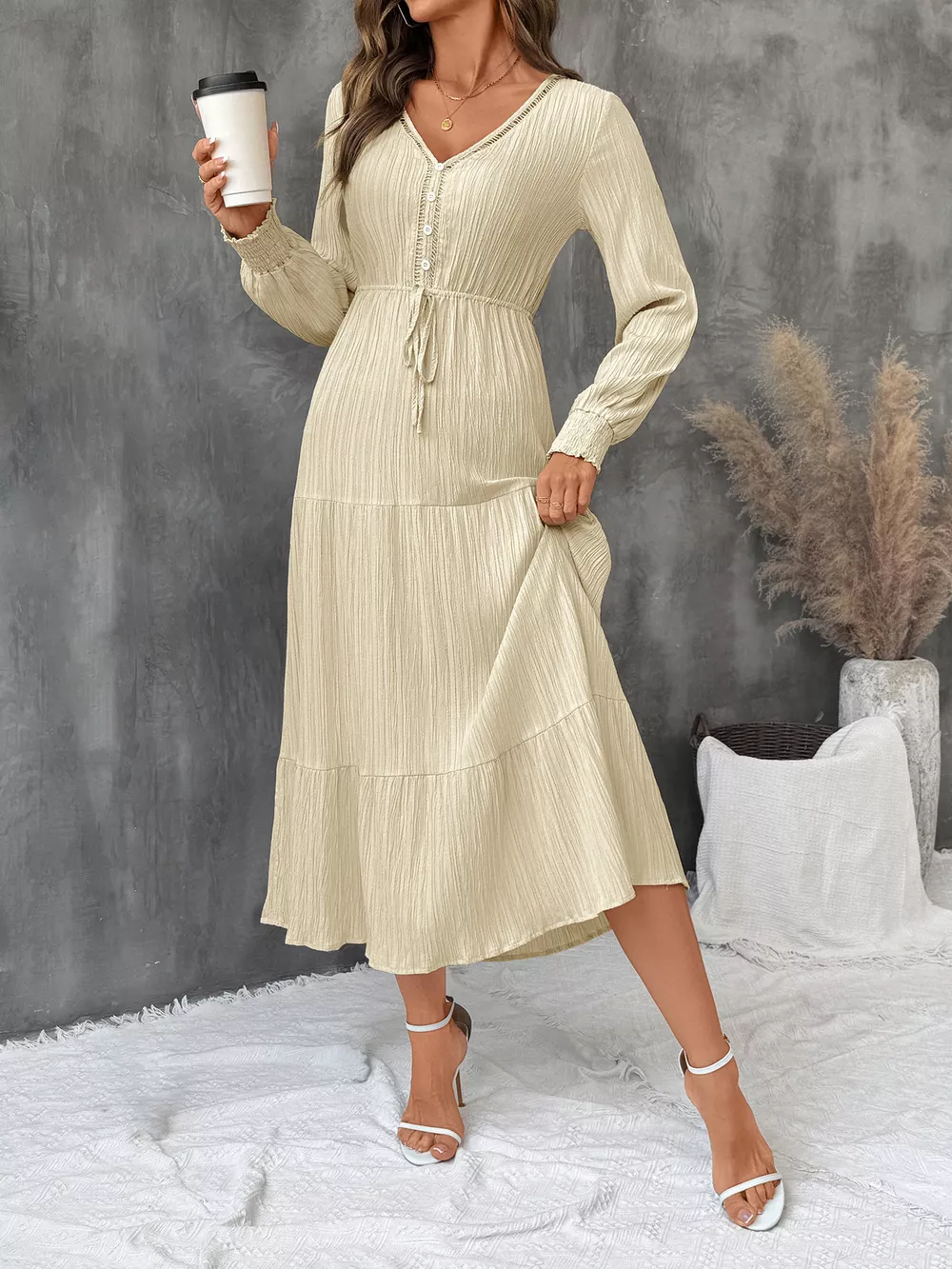 Tiered V-Neck Long Sleeve Dress, image 4