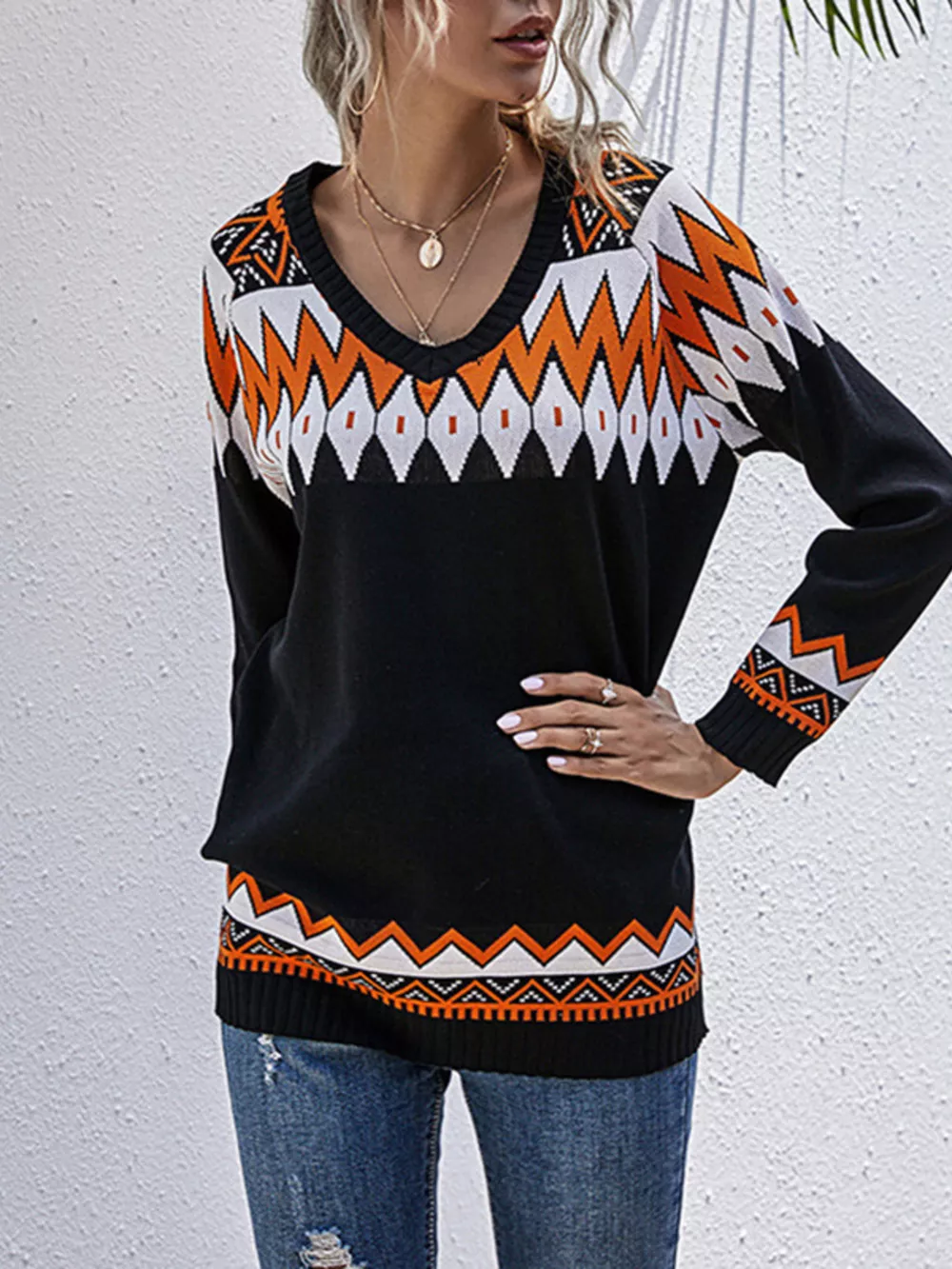 Geometric Pattern V-Neck Sweater, image 2