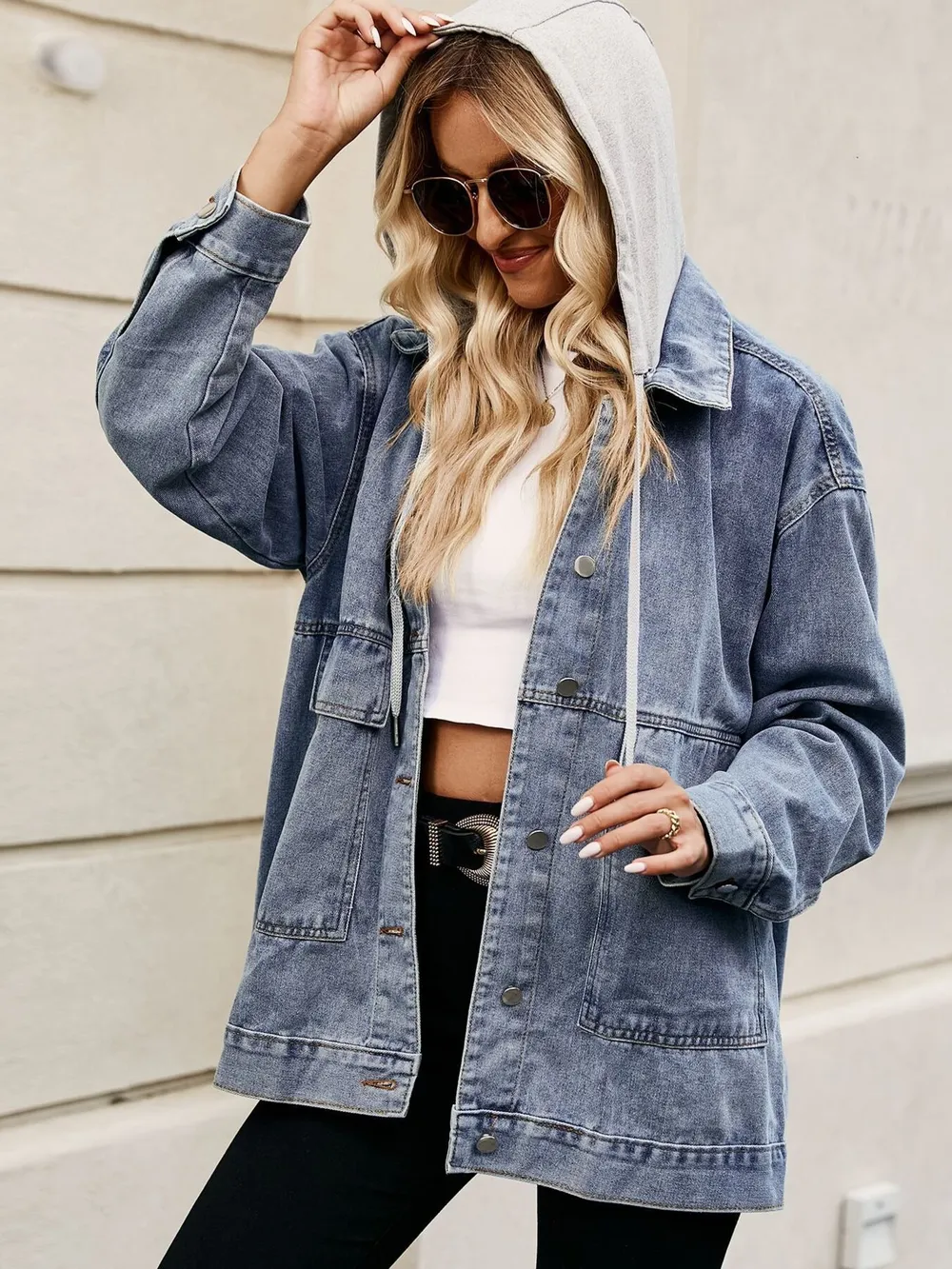 Oversized Button Up Denim Jacket with Hood, image 15